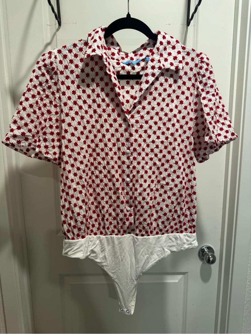 Draper James RSVP Red & White Floral Embroidered Collared Short Sleeve Bodysuit